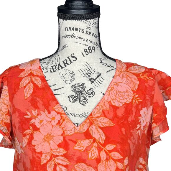 1.State (S) Floral Ruffle Short Sleeve V-Neck Chiffon Blouse Top Fully Lined - Picture 6 of 14